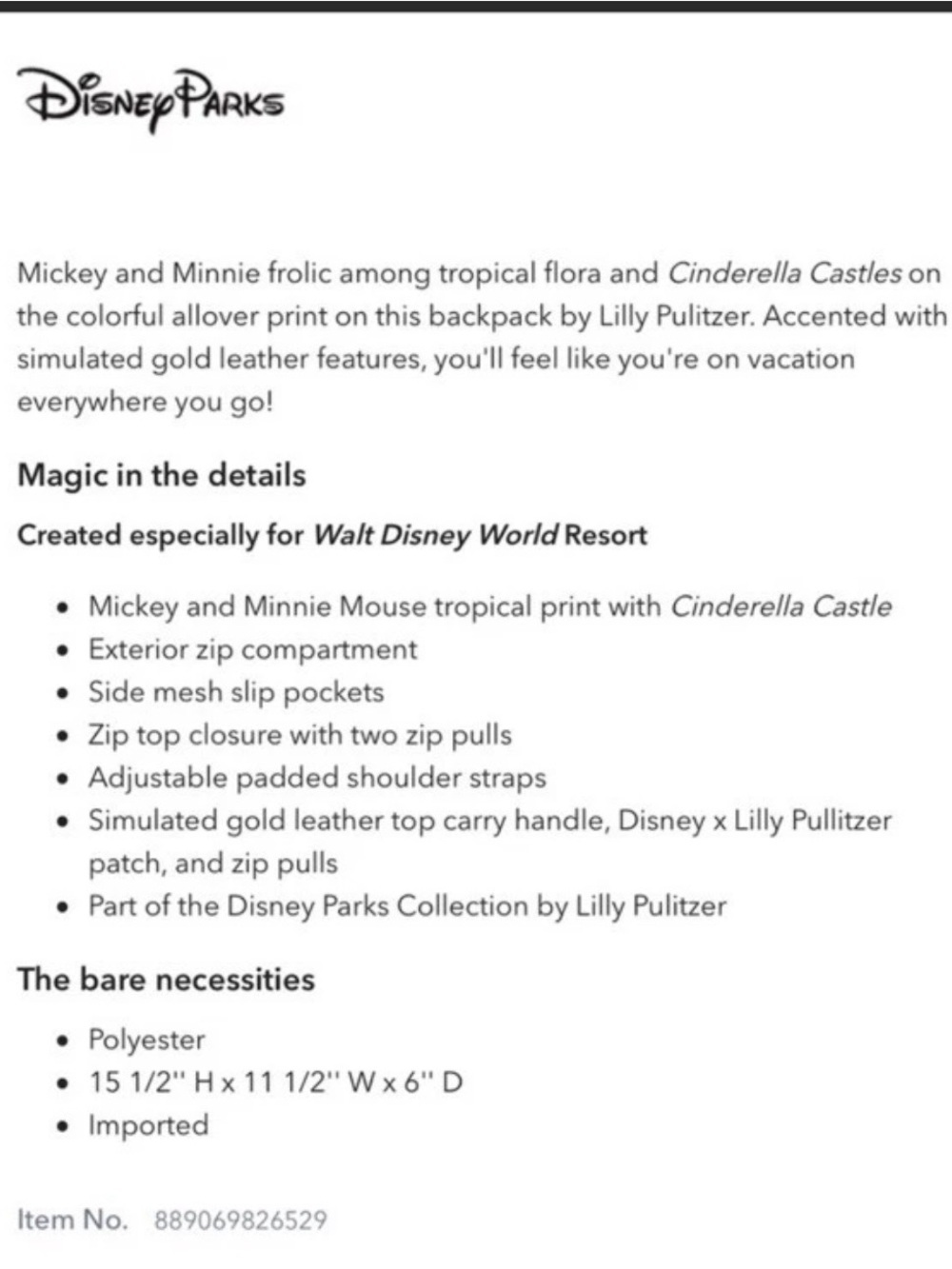 Disney Parks x Lilly Pulitzer Backpack Mickey Minnie Cinderella Castle Tropical - Picture 4 of 13